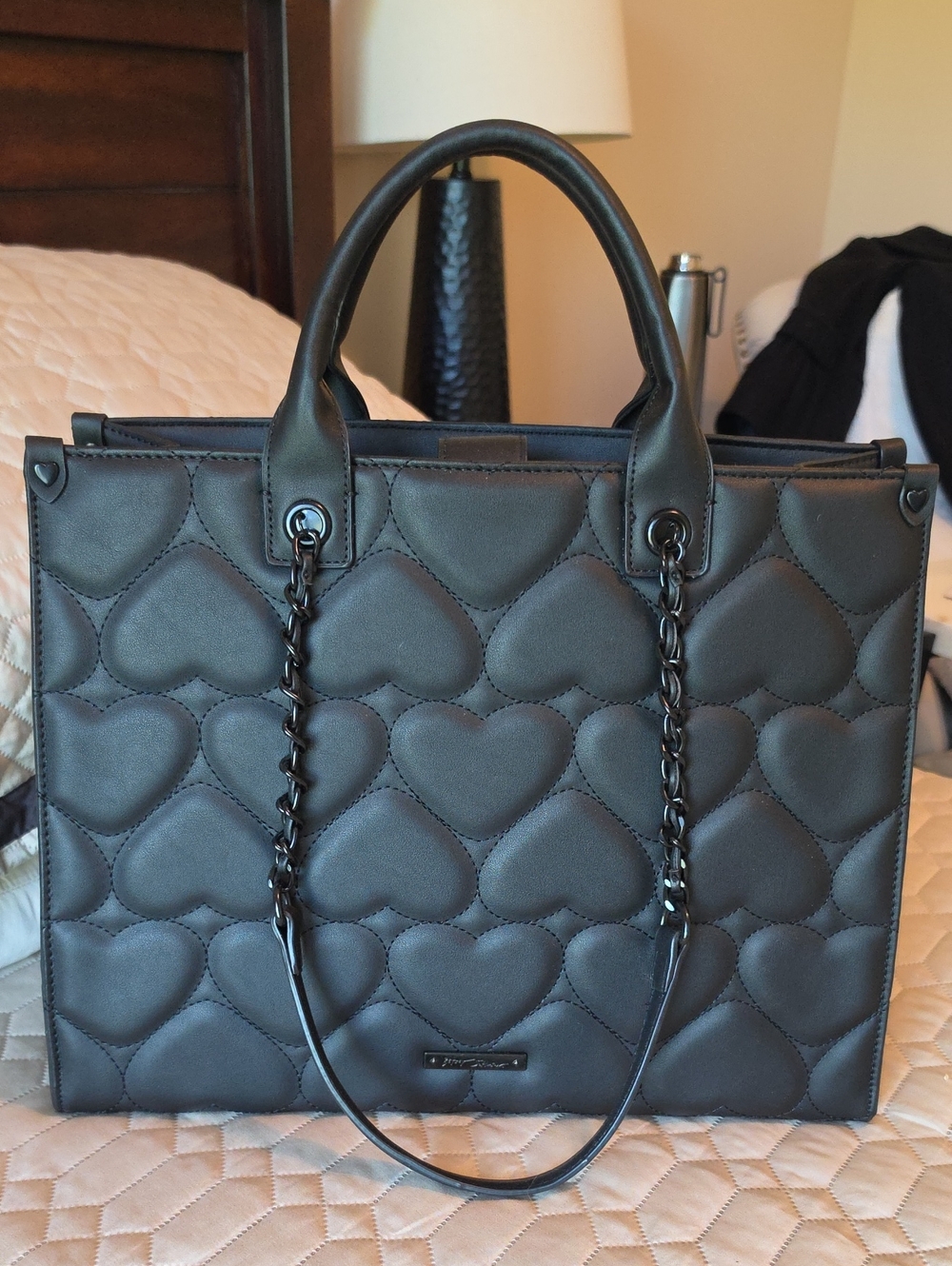 Betsey Johnson Black Quilted Heart Tote with Chain-Accent Straps